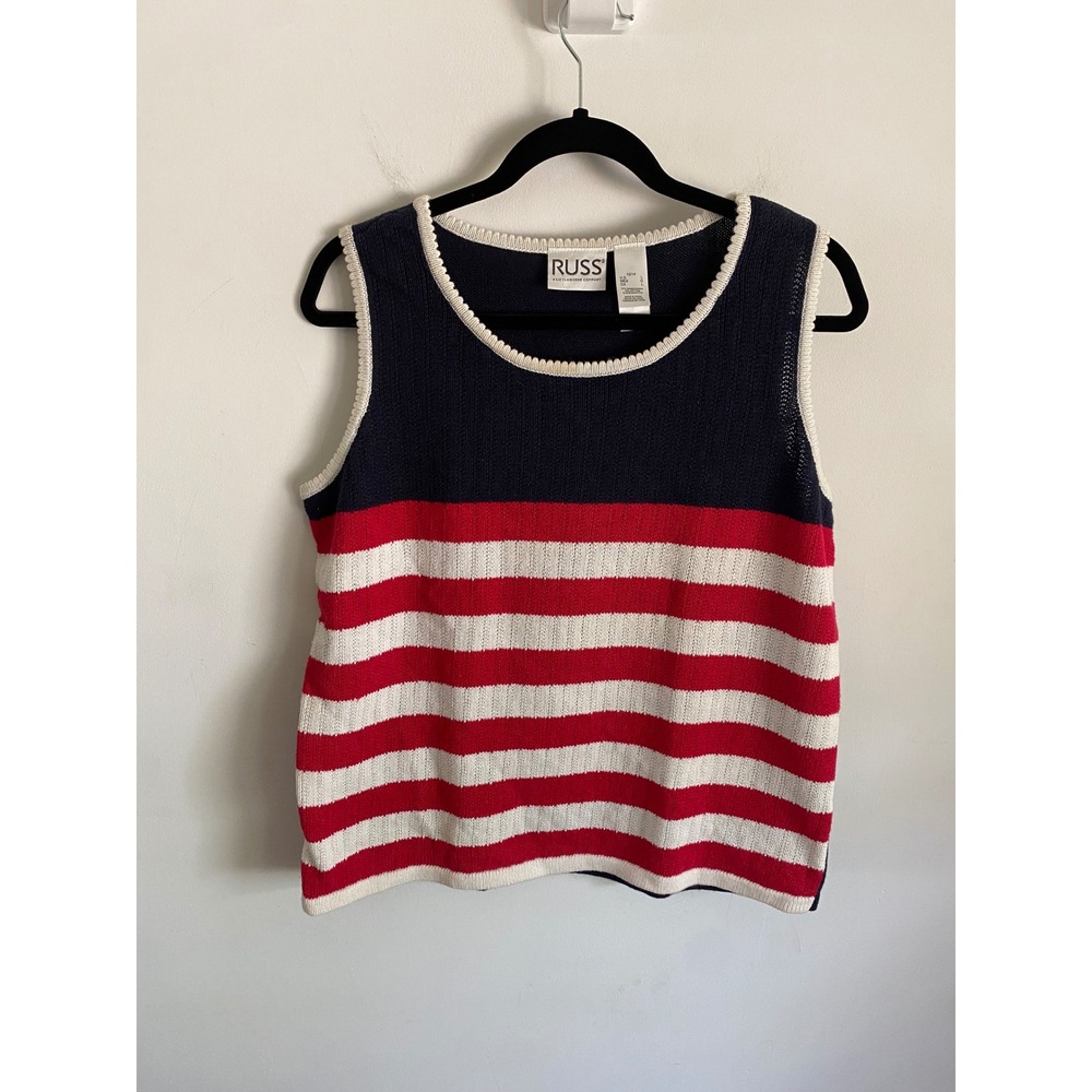 Russ Liz Claiborne Womens Striped Knit Sweater Vest Navy Red White Size L 12/14